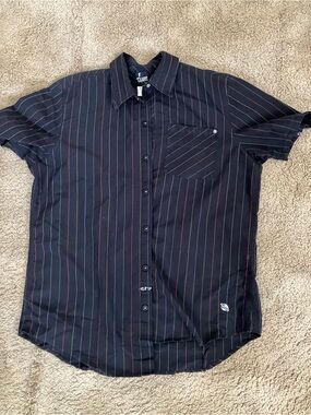 Lost Black Short-Sleeve Button-Down Shirt with Red Pinstripes